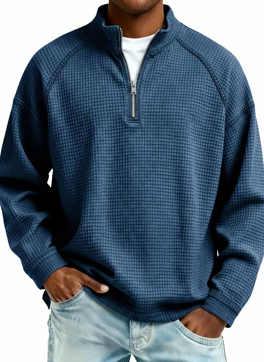 Men's Fashion Waffle Fabric Raglan Stand Collar Zipper Sweatshirt