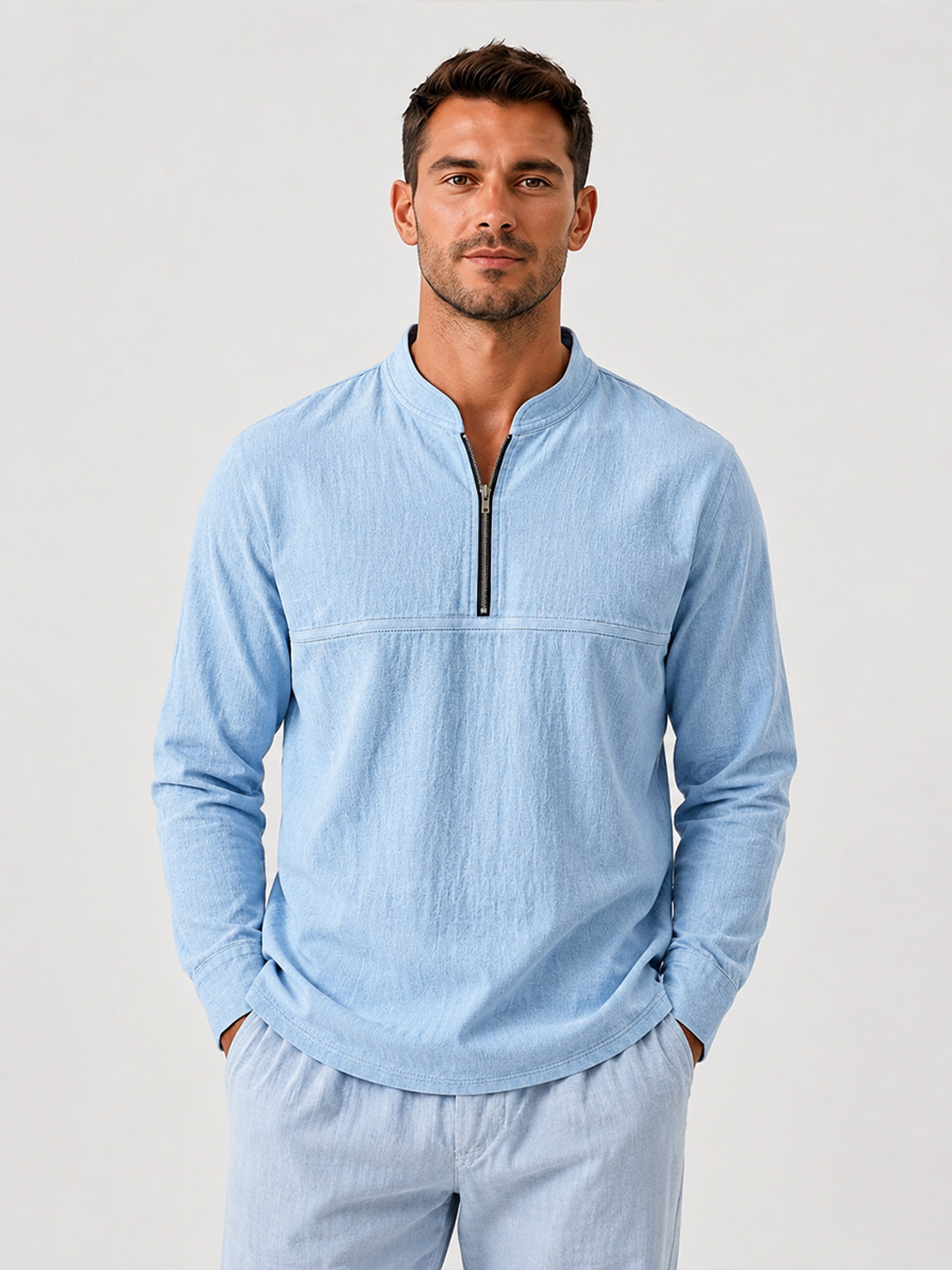 Men's Linen Stand-Collar Zip-Front Casual Long-Sleeve T-Shirt