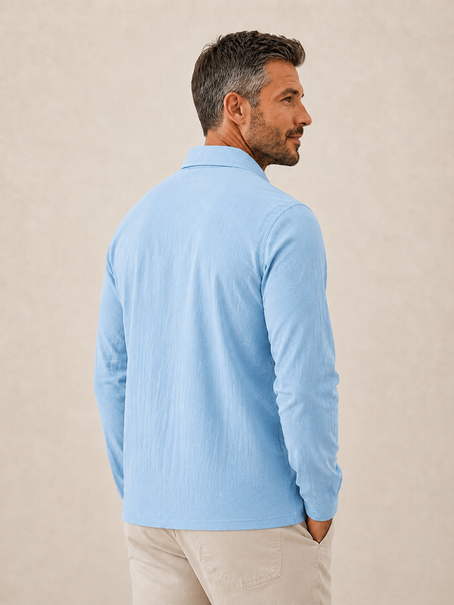 Men's Casual Long-Sleeve Linen Polo Shirt with Flap Pockets