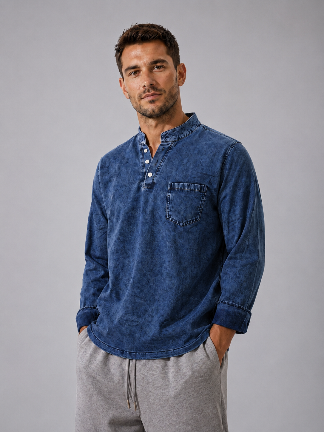 Men's Retro Stand Collar Pocket Casual Distressed Long Sleeve Henley Shirt