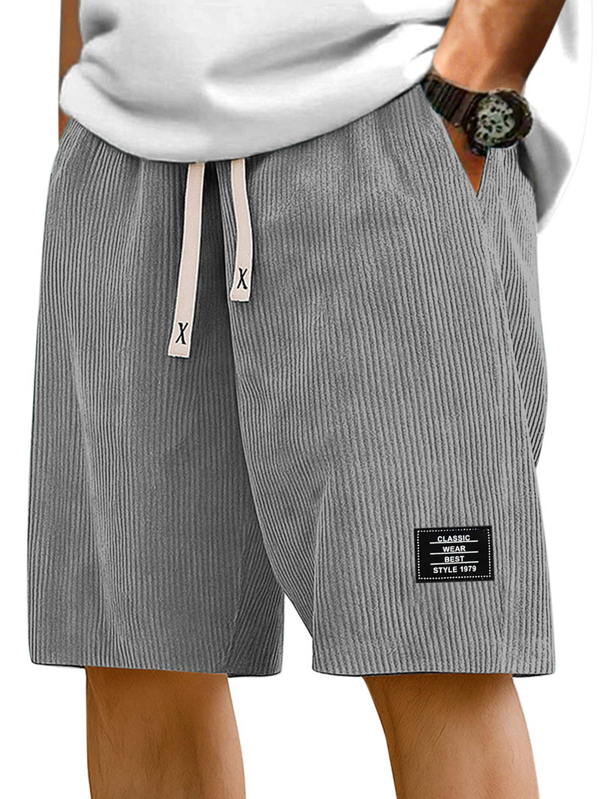 Men's Simple Solid Color Pit Stripe Logo Casual Shorts
