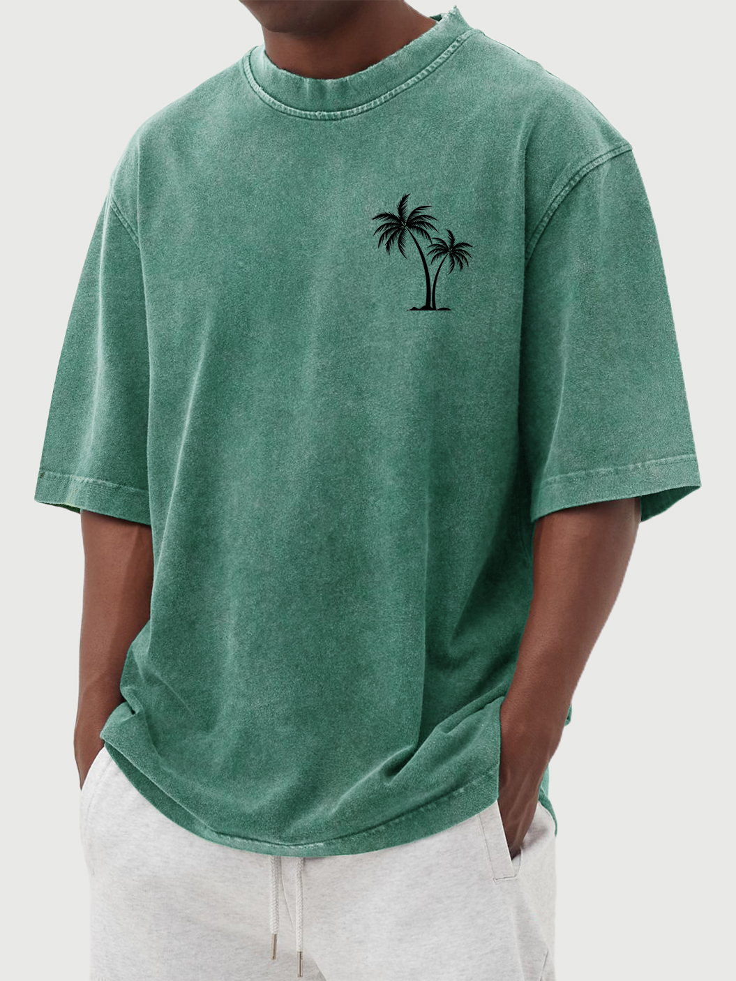 Men's Vintage Washed Palm Tree Print Short Sleeved Round Neck T-shirt