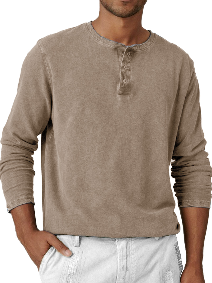 Men's Fashion Retro Distressed Round Neck Long Sleeve Henley Shirt
