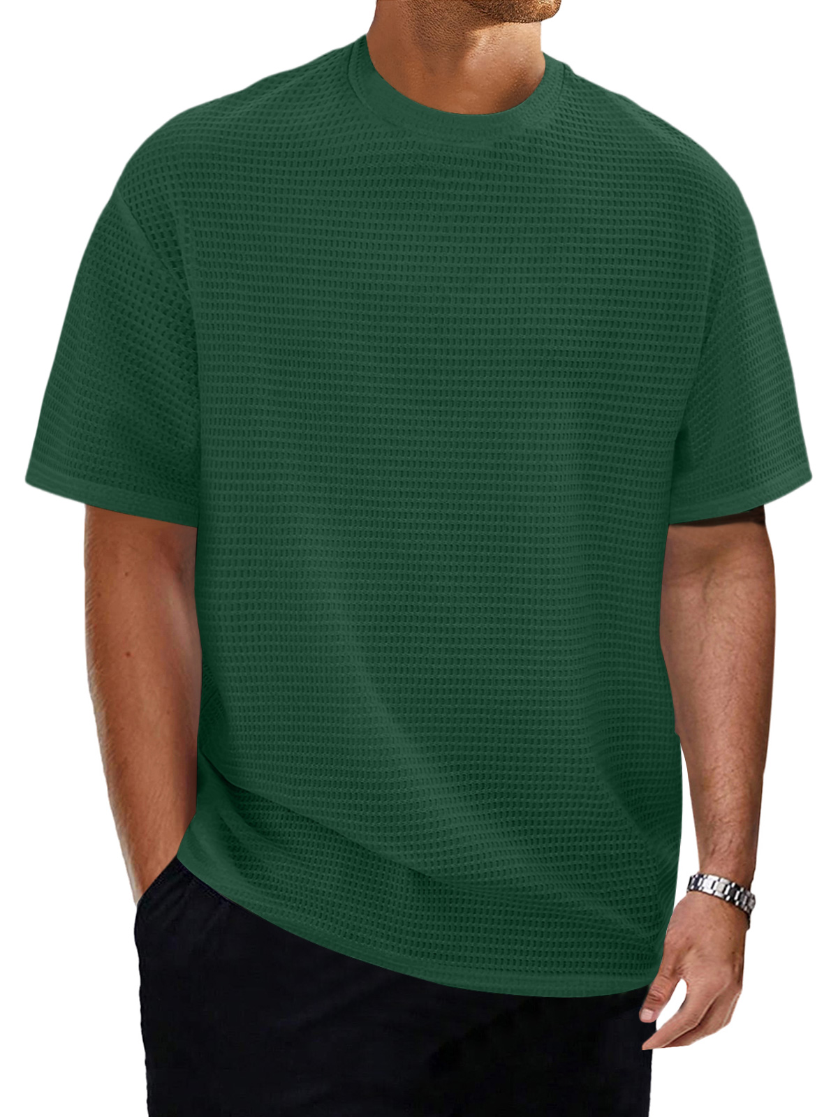 Men's casual round neck waffle texture solid color short-sleeved T-shirt