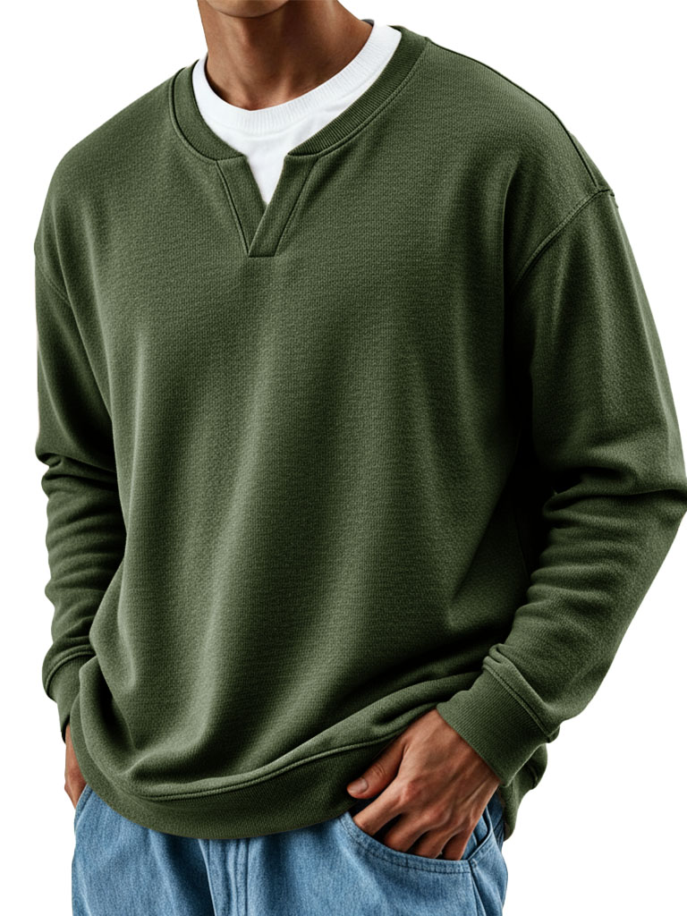 Men's Stylish Casual Retro Fake Two-piece V-neck Loose-fitting Long-sleeved Sweatshirt 