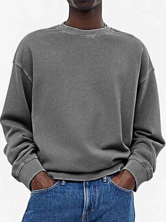 Men's Fashionable Casual Distressed Washed Long-sleeved Crew Neck Sweatshirt