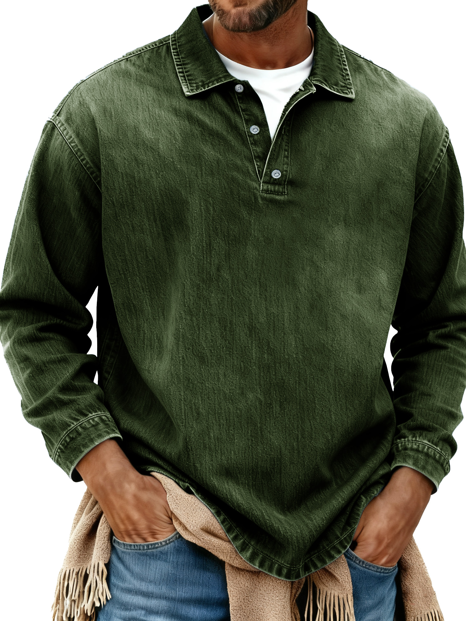 Men's Retro Fashion Distressed Collar Long-Sleeve Polo Shirt