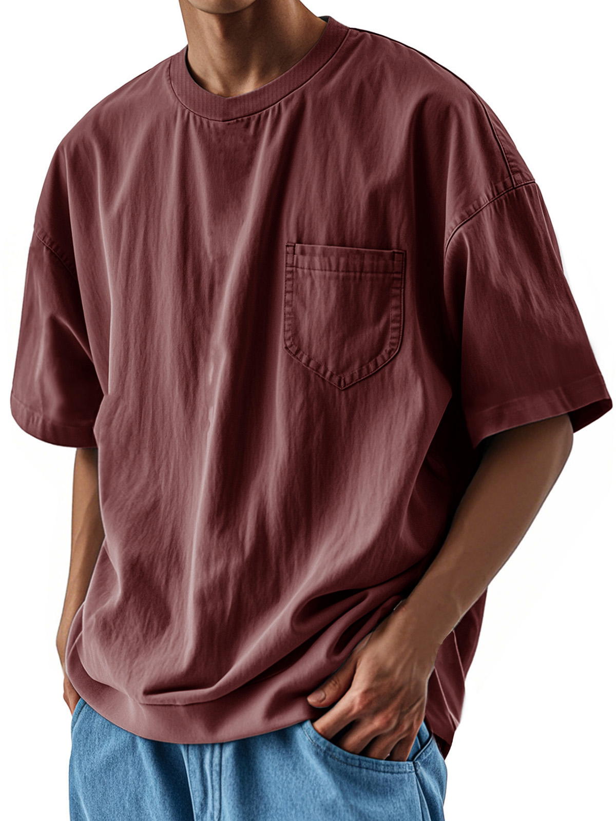 Men's Fashion Casual Retro Shirt Round Neck Pocket Short Sleeve T