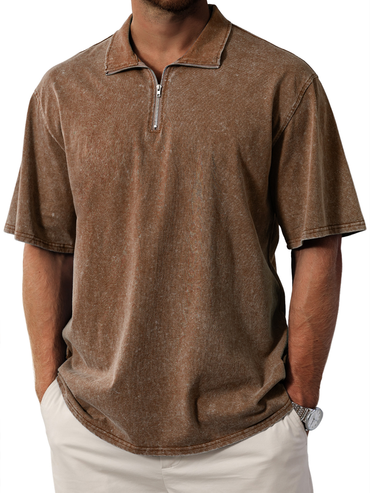 Men's Retro  Stand Collar Zipper Solid Color Short Sleeve T-Shirt