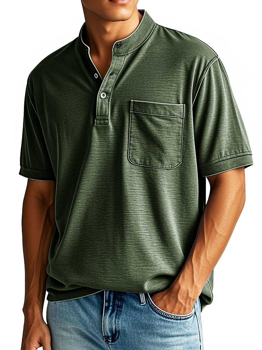 Men's Fashion Casual Stand-up Collar Pocket Short-sleeved Henley Shirt 