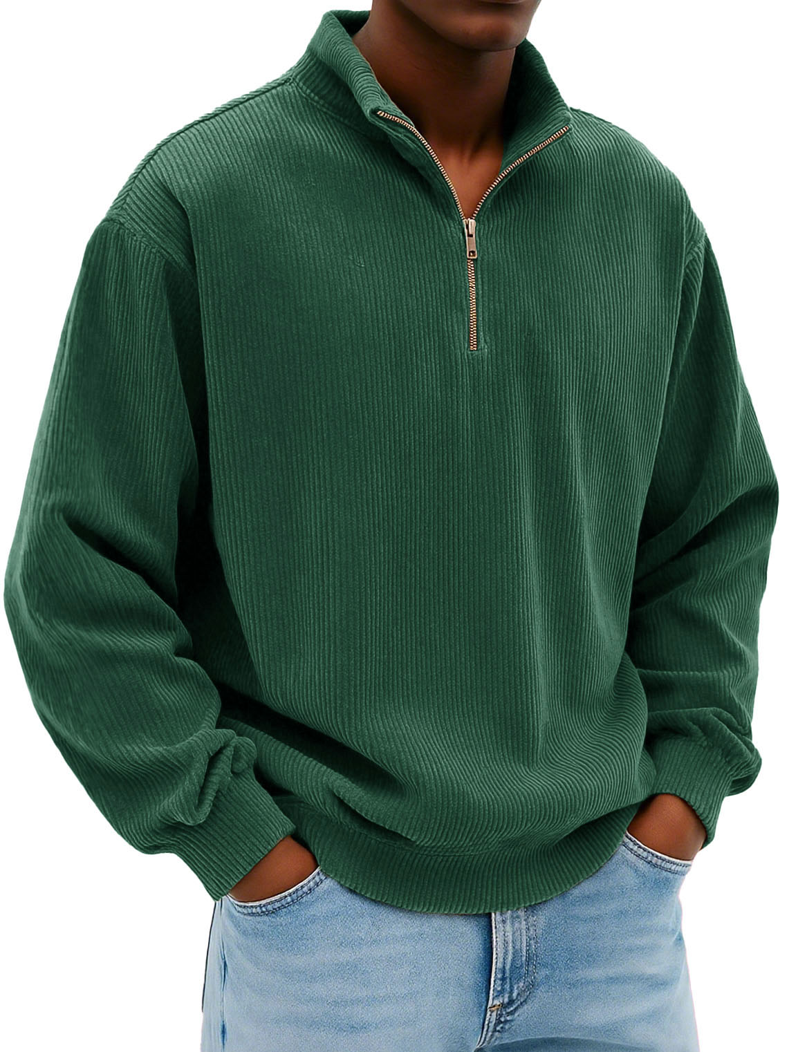 Men's Wear Fashionable Daily Casual Corduroy Pit Strip Fabric Long-sleeved Loose Stand-up Collar Sweater