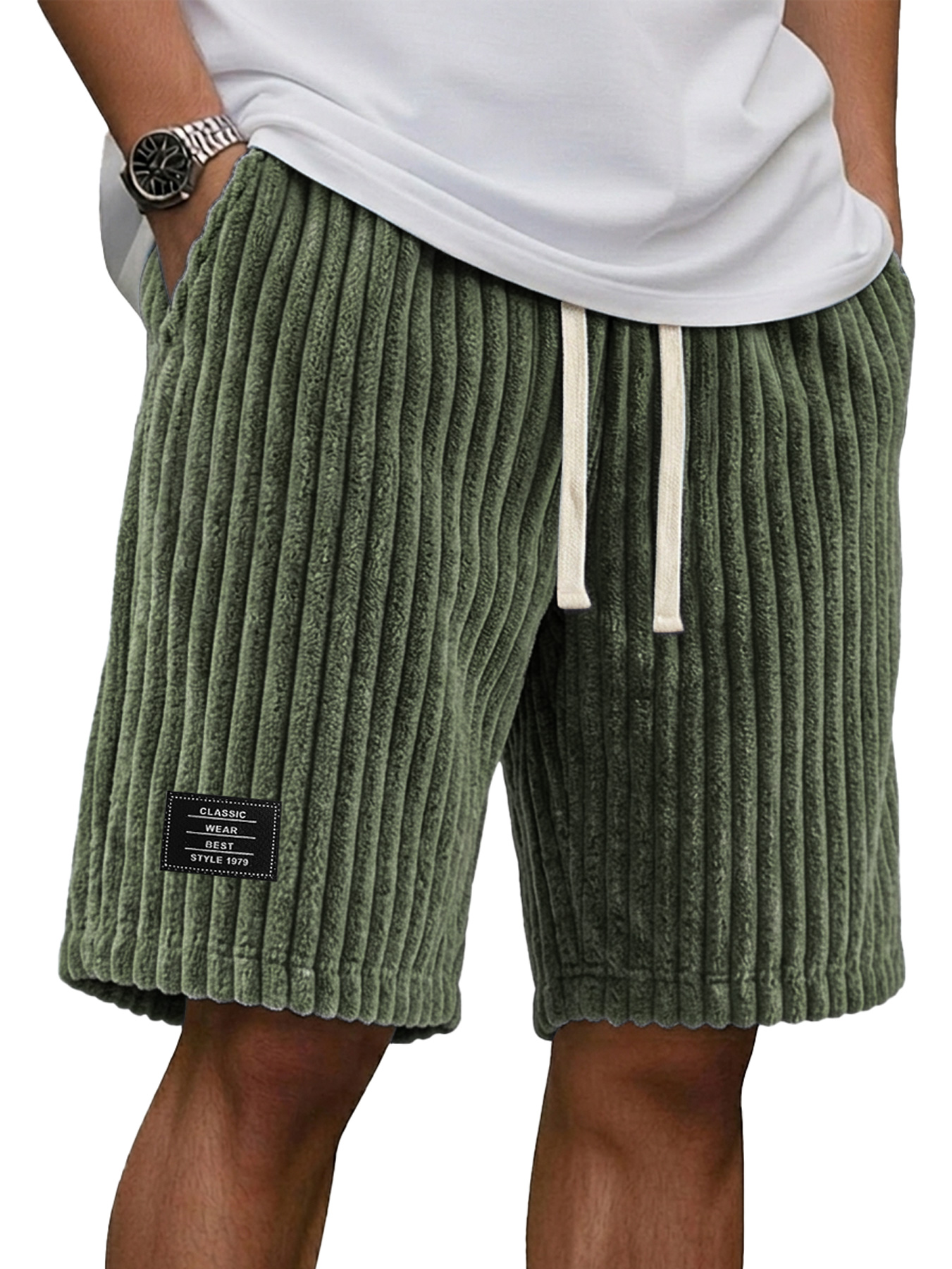 Men's Casual Retro Corduroy Embroidered Logo Loose Shorts