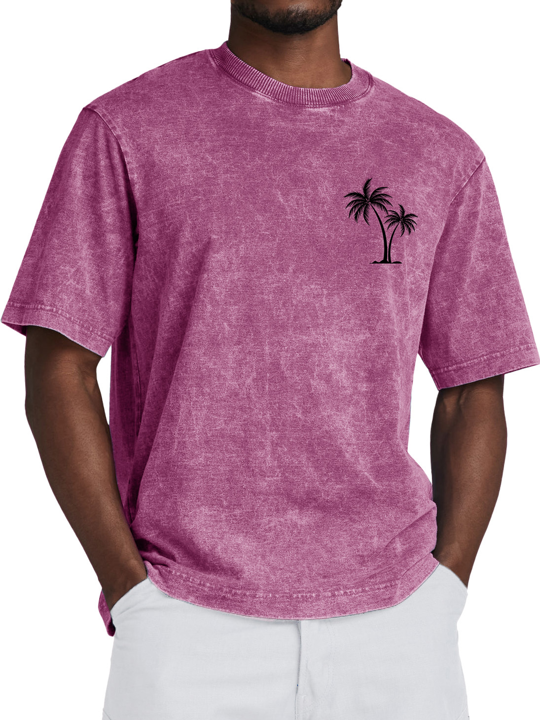 Men's 100% Cotton Retro Washed Coconut Tree Print Crew Neck Short Sleeve T-Shirt