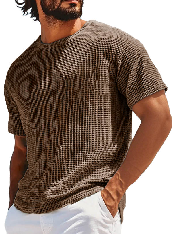 Men's Retro Fashion Round Neck Waffle Texture Fabric Short-sleeved T-shirt