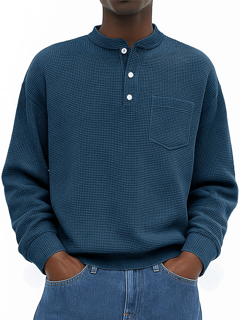 Men's Wear Fashionable Casual Waffle Fabric Pockets Long-sleeved Henry Shirt