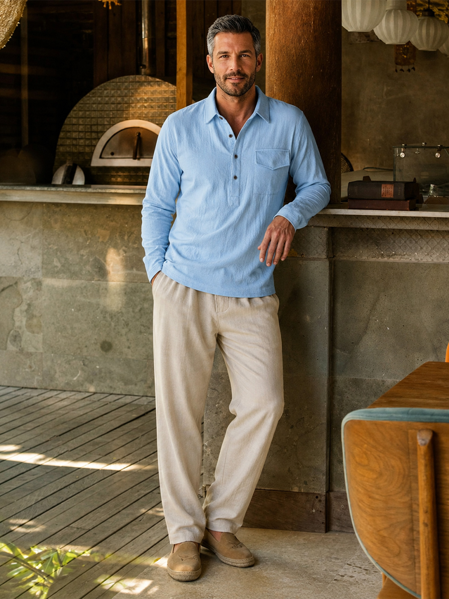 Men's Casual Long-Sleeve Linen Polo Shirt with Flap Pockets