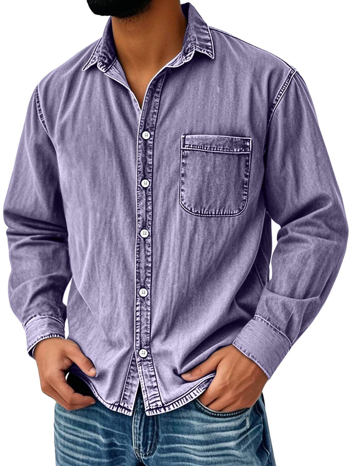 Men's Vintage Distressed Lapel Pocket Casual Long-sleeved Shirt
