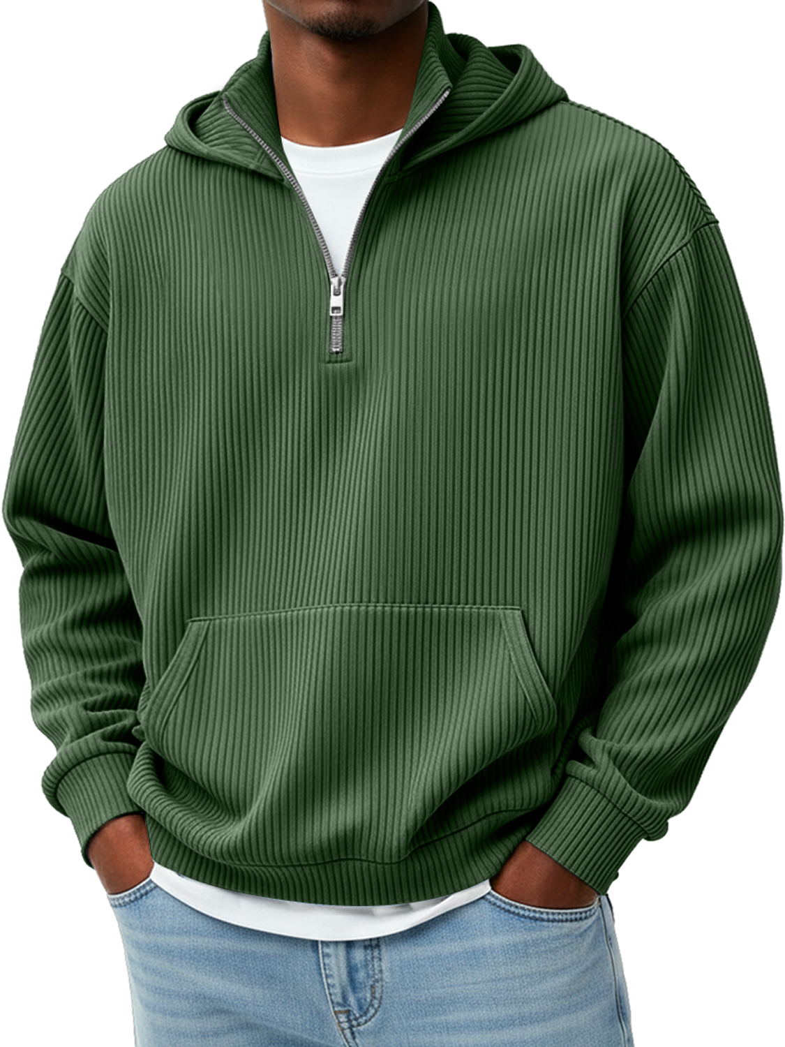 Men's Pit Stripe Stand Collar Zipper Casual Loose Hooded Sweatshirt