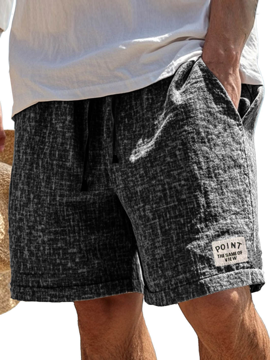 Men's Fashion Casual Hemp Fabric Pocket Embroidered Logo Shorts 