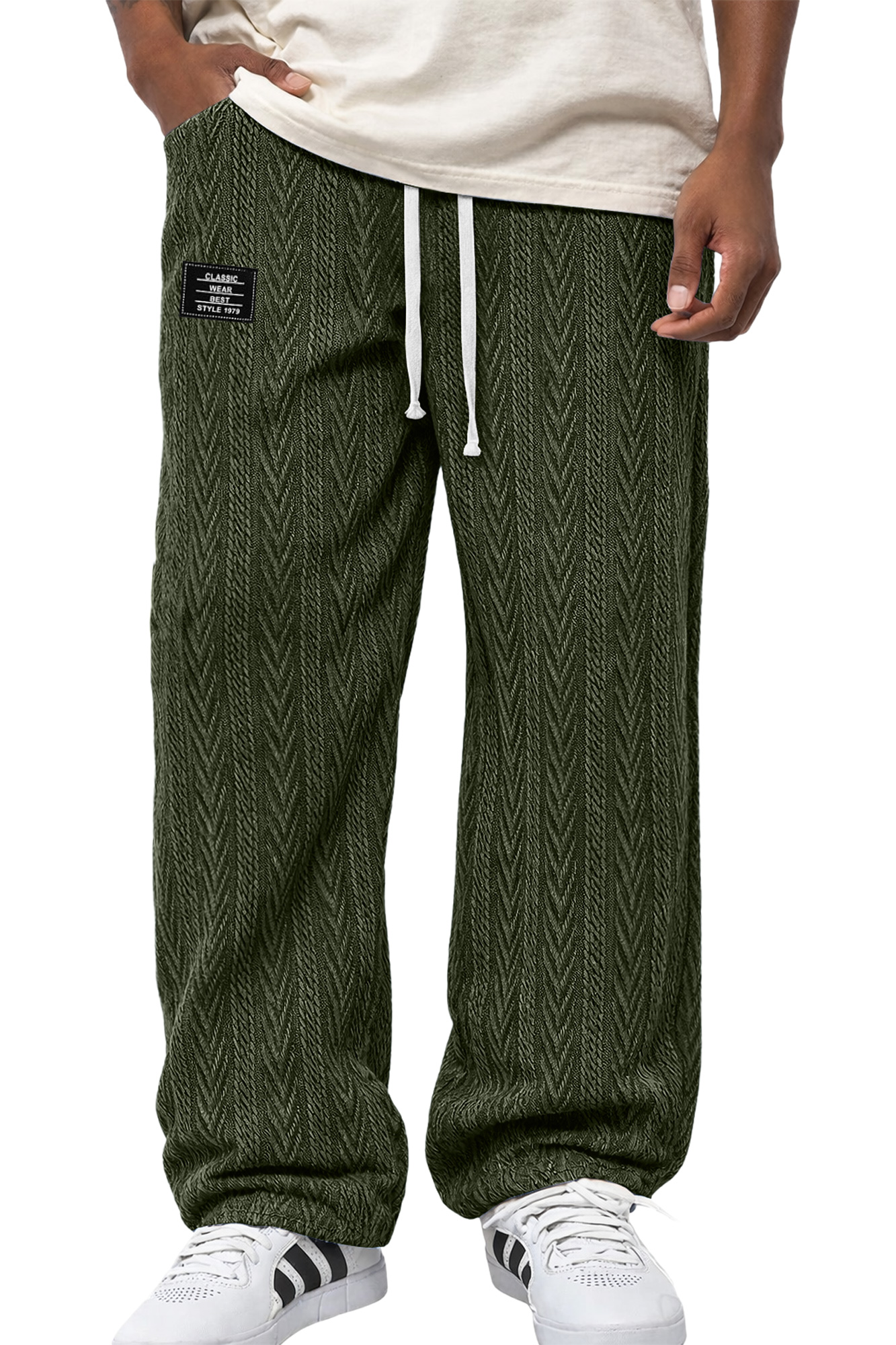 Men's Casual Jacquard Textured Embroidered Logo Elastic Waist Loose Trousers