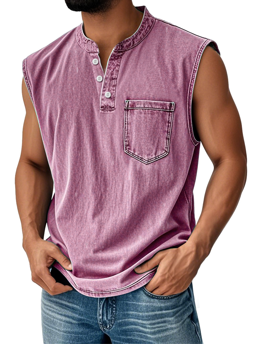 Men's Vintage Stand Collar Casual Pocket Solid Color Sleeveless Henley Vest