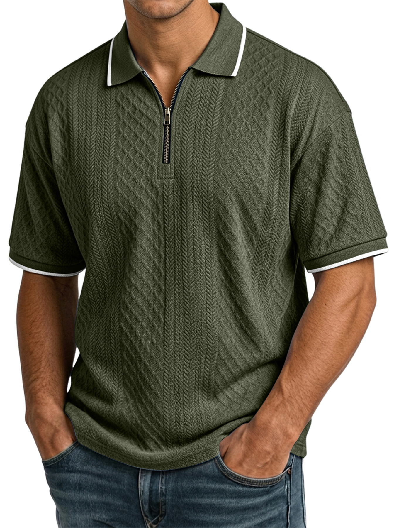 Men's Casual Jacquard Textured Collar Zipper Short-Sleeve Polo Shirt