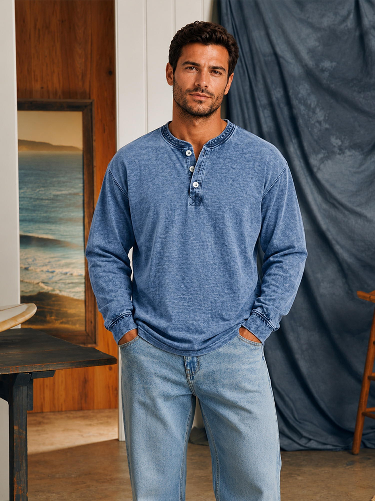 Men's Vintage Comfortable Casual Long-Sleeve Henley Shirt