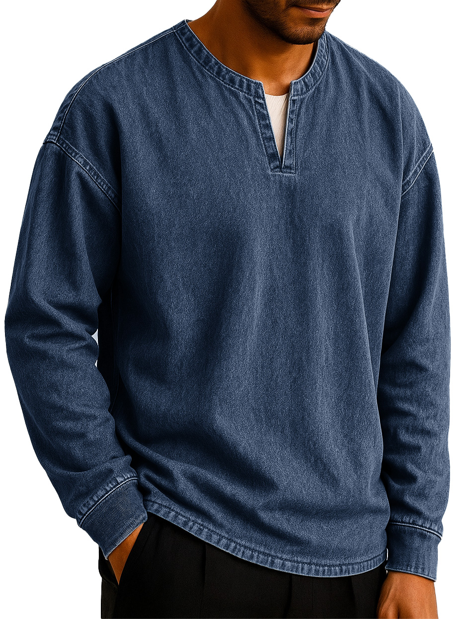  Men's Stylish Casual Outdoor V-neck Distressed Loose-fitting Long-sleeved T-shirt 