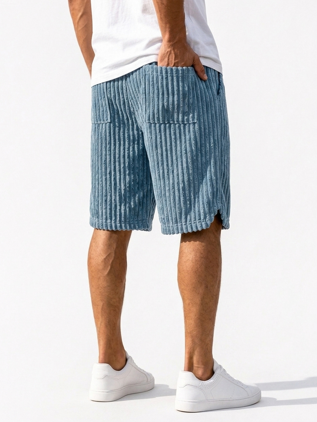 Men's Vintage Corduroy Casual Shorts with Embroidered Logo and Elastic Waist