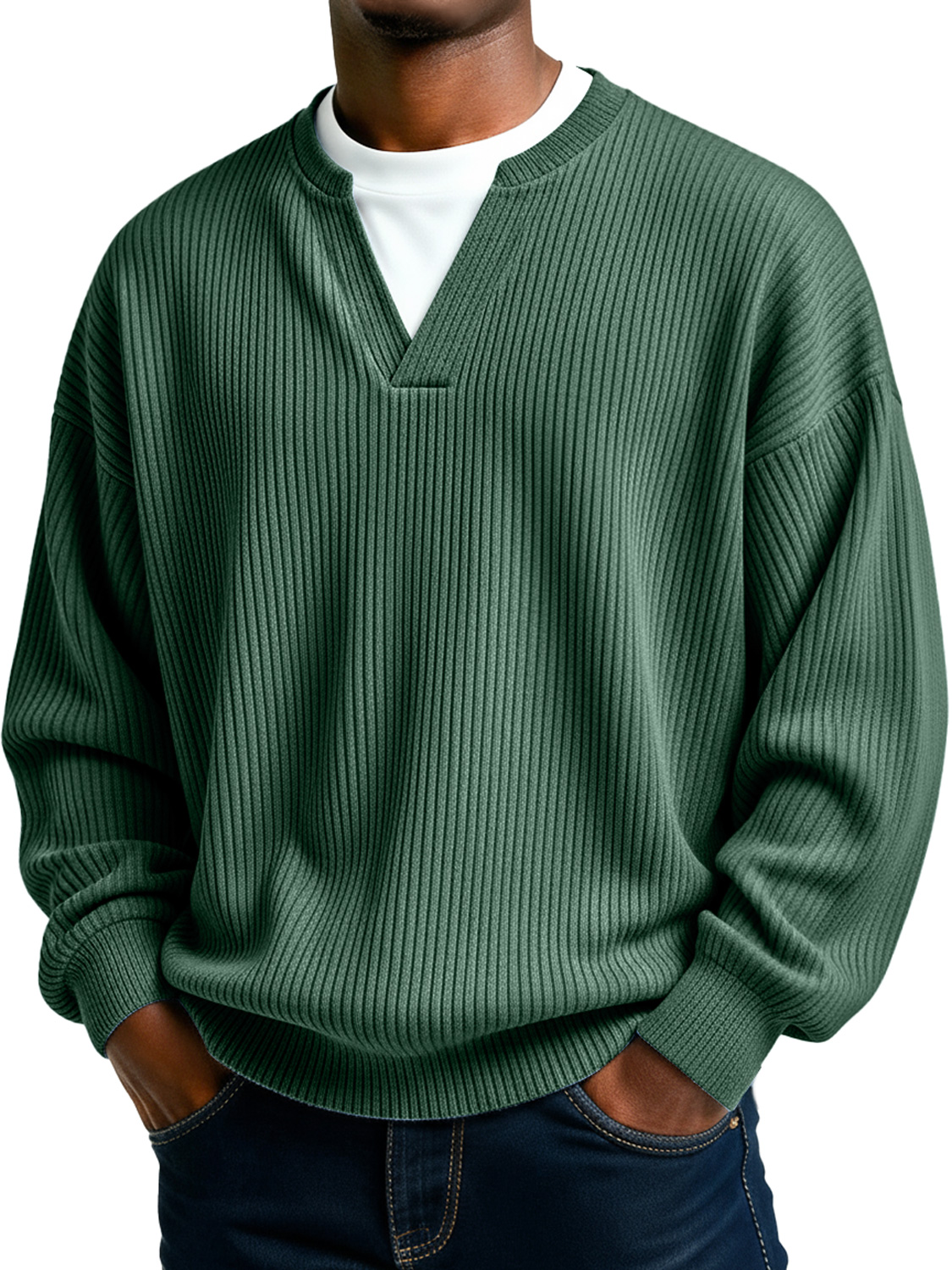 Men's Simple Ribbed V-Neck Faux Two-Piece Casual Long-Sleeve T-Shirt