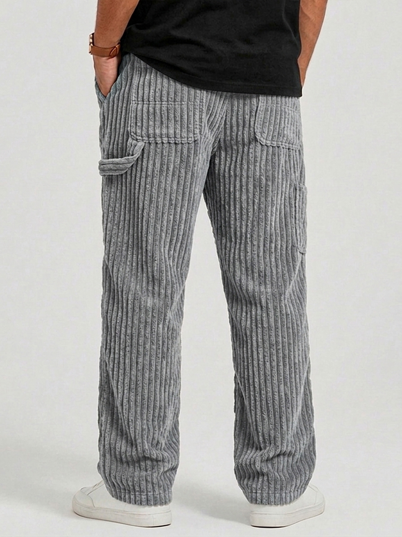 Men's Retro Corduroy Casual Cargo Pants with Multi-Pocket Patchwork Design