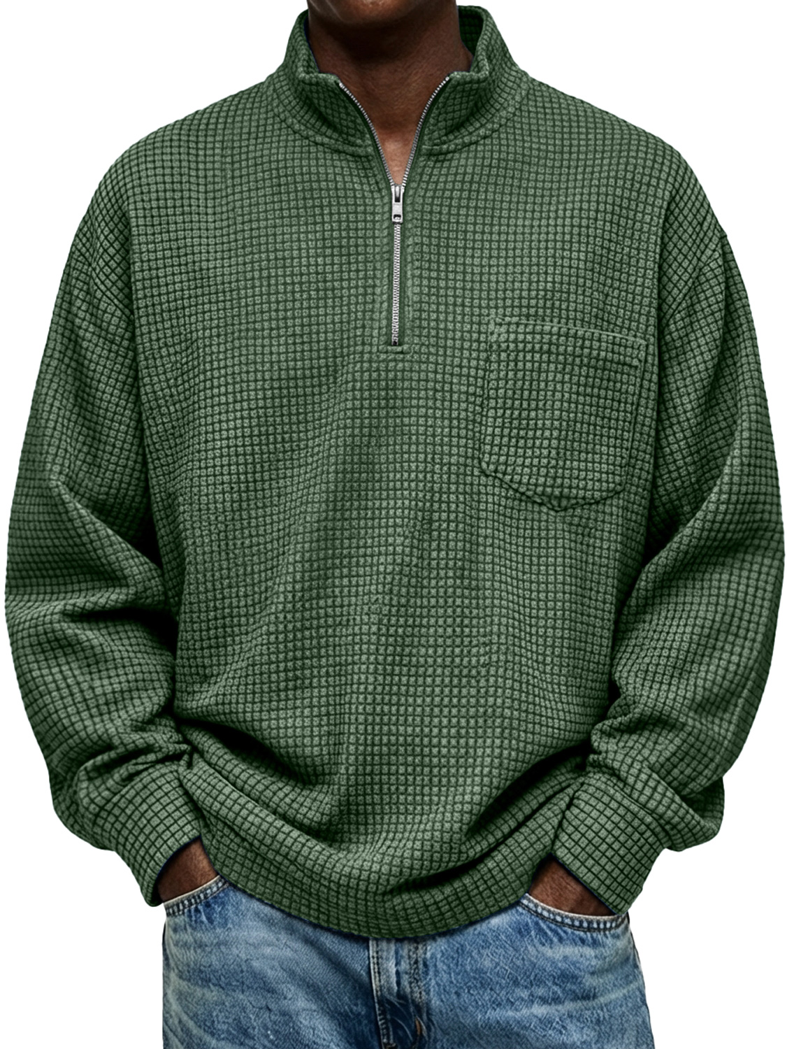 Men's Vintage Small Plaid Stand-collar Zip-up Casual Long-sleeved T-shirt With Pockets