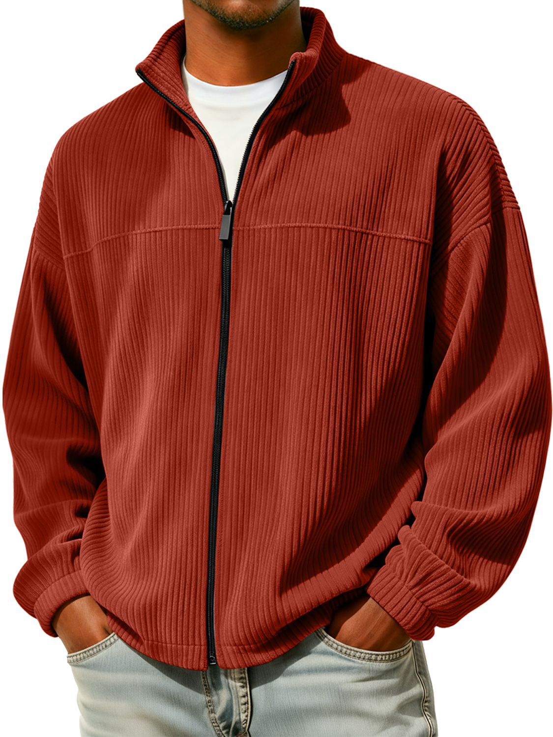 Men's Simple Stand Collar Zippered Corduroy Casual Jacket