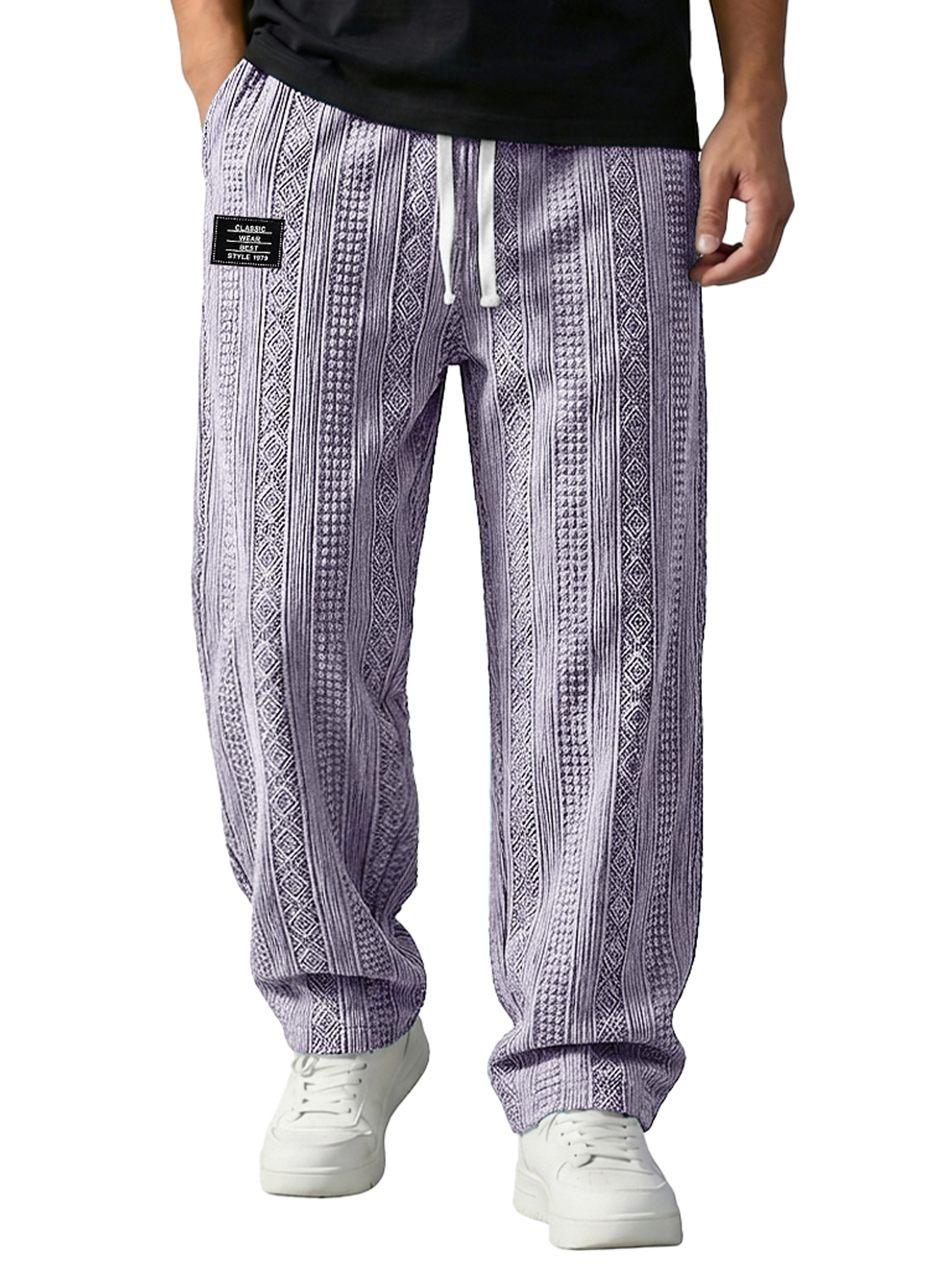 Men's Jacquard Textured Embroidered Logo Casual Loose-fitting Trousers With Elastic Waistband