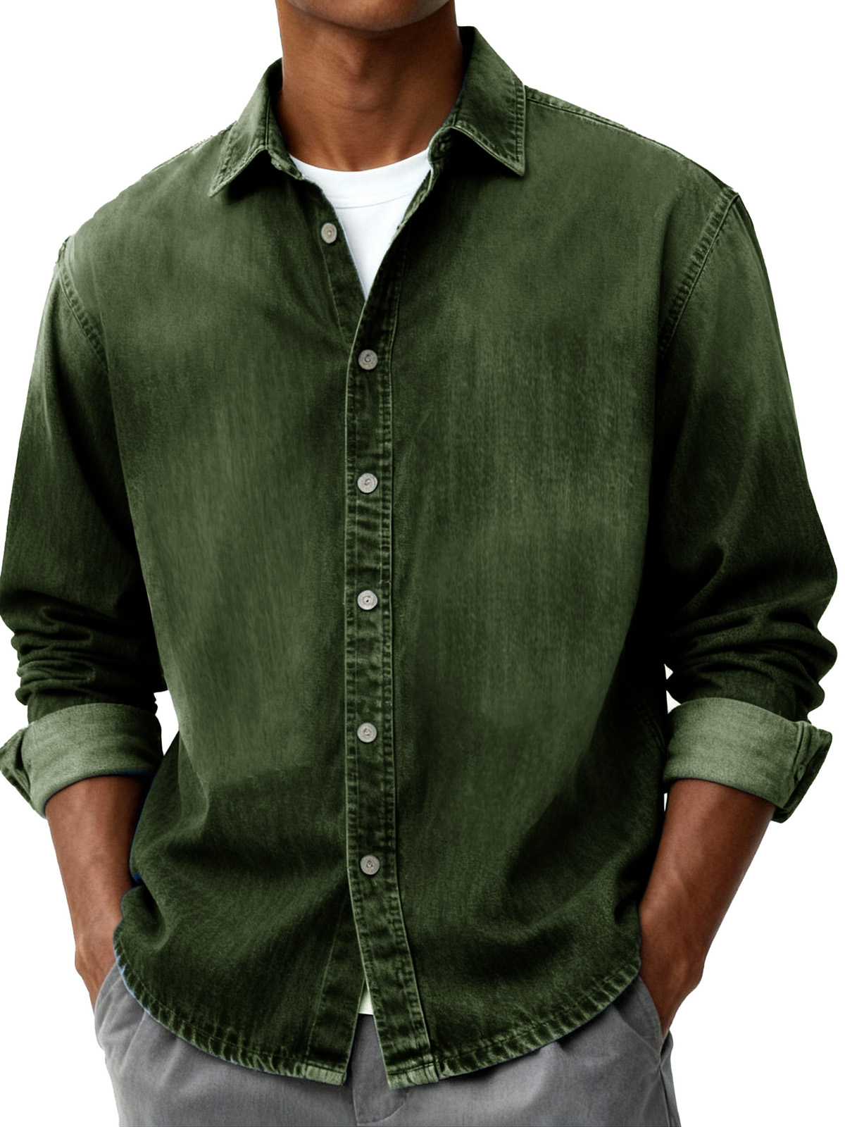 Men's Fashion Retro Distressed Pocket Collar Long-Sleeve Shirt