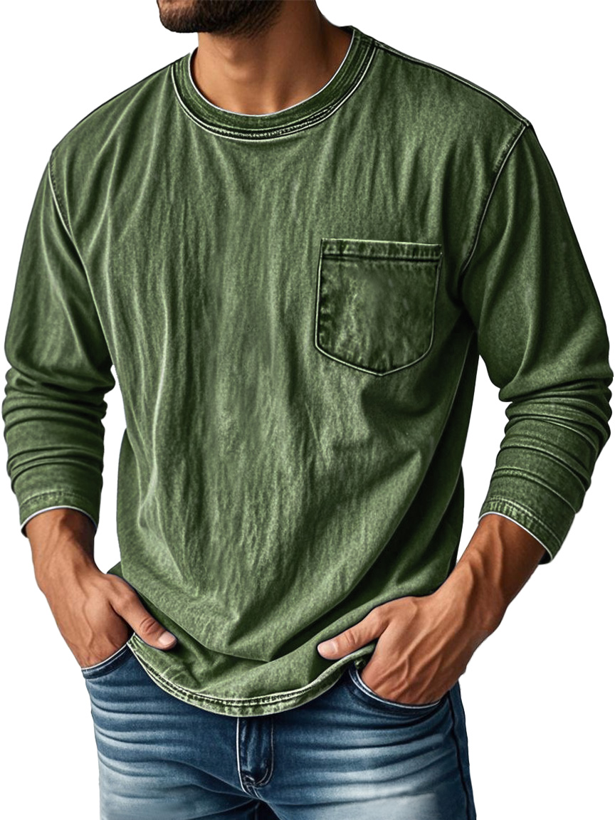 Men's Vintage Distressed Round Neck Pocket Casual Long-sleeved T-shirt