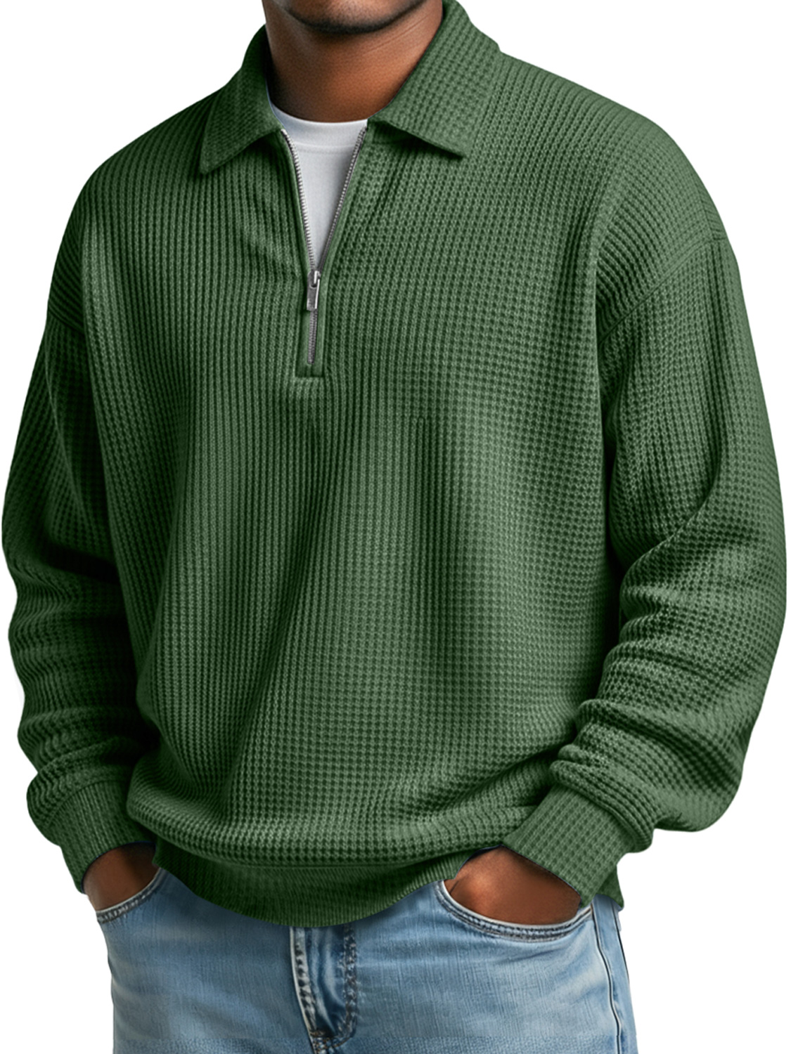 Simple Waffle Lapel Zipper Casual Solid Color Polo Shirt