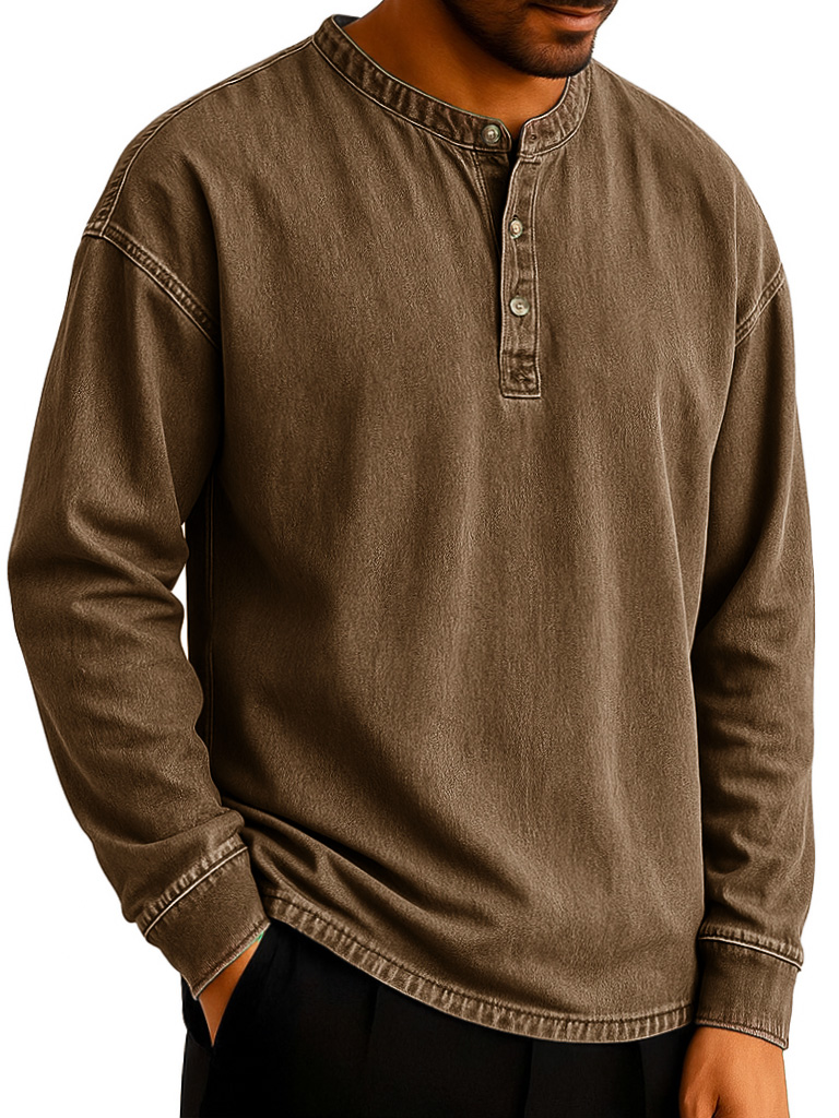 Men's Stylish Retro Distressed Long-sleeved Multicolor Henley Shirt