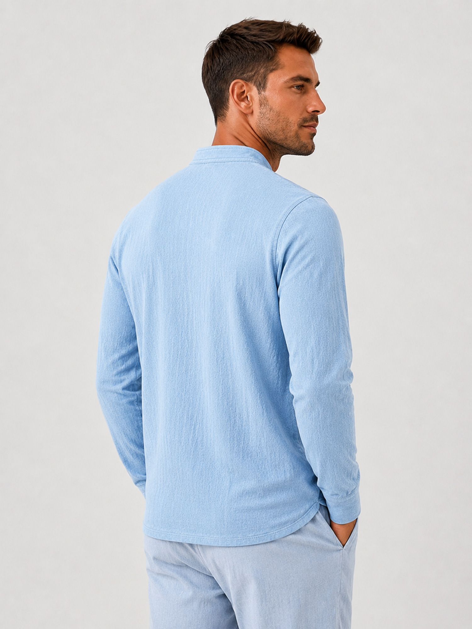 Men's Linen Stand-Collar Zip-Front Casual Long-Sleeve T-Shirt