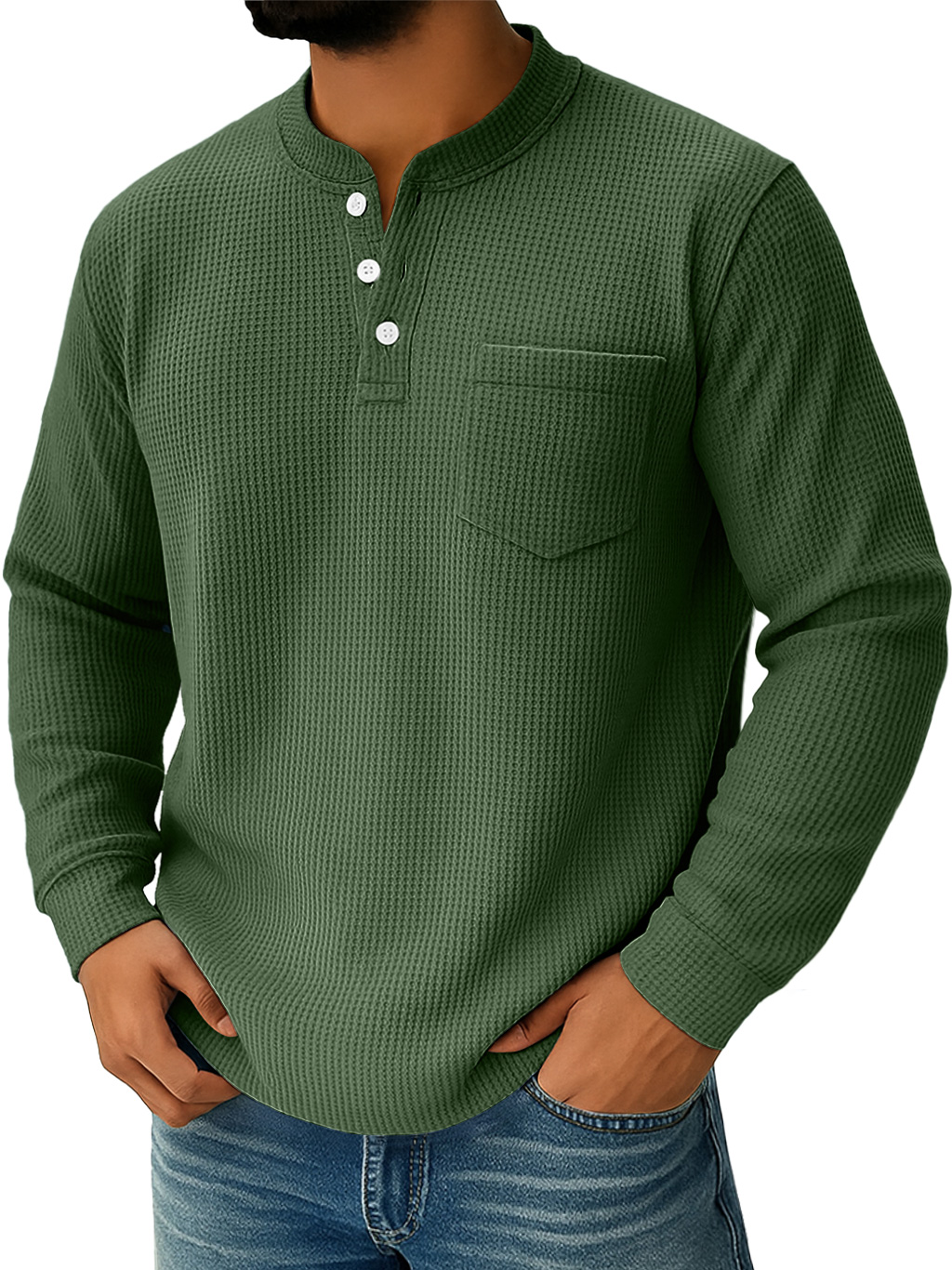 Men's Everyday Waffle Collar Button-Down Casual Long Sleeve Henley