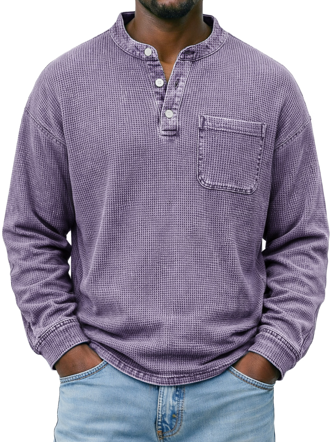 Men's Simple Waffle-knit Casual Long-sleeved Henley Shirt With Pocket