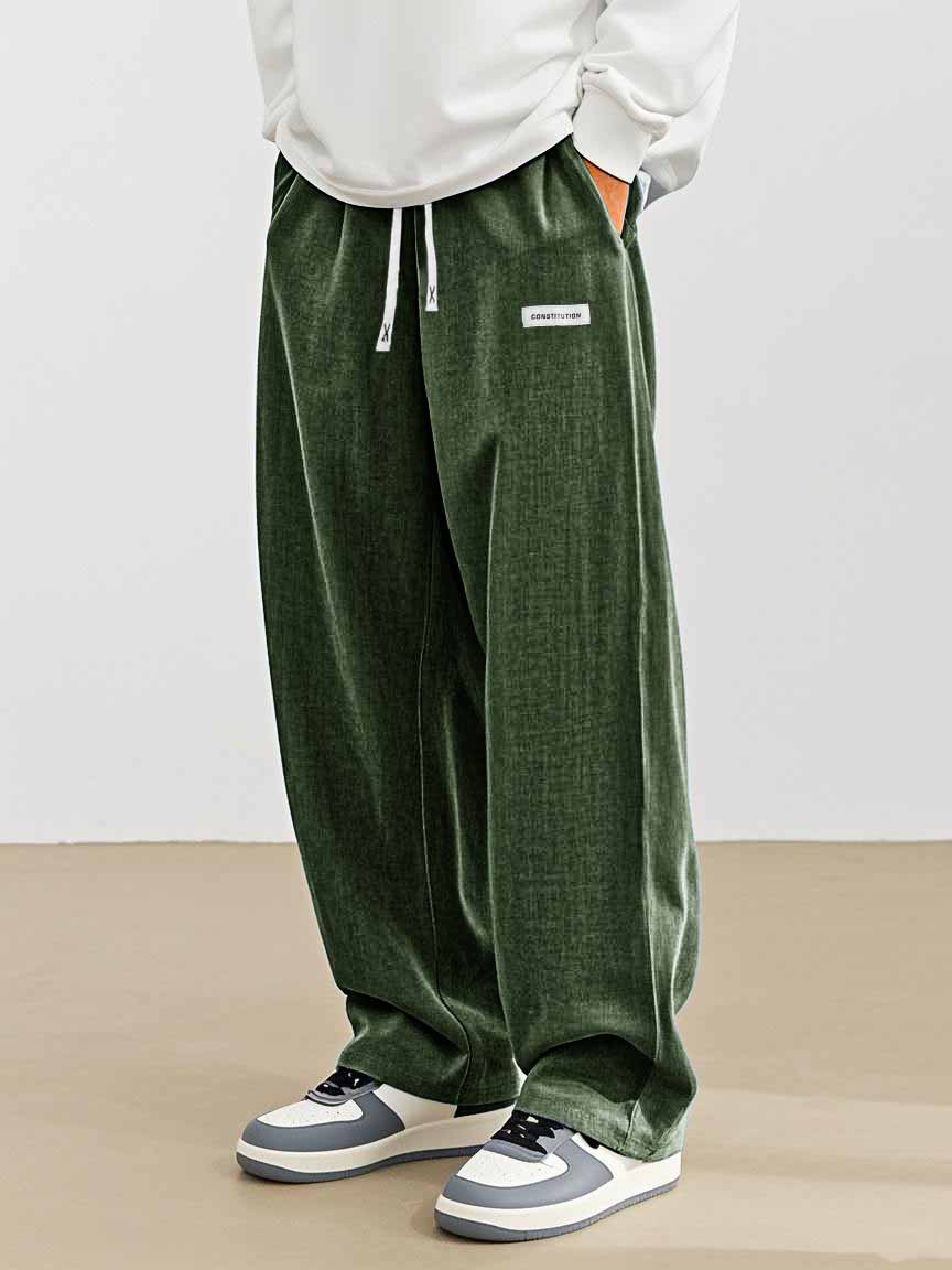 Men's Fashion Casual Everyday Hemp Fabric Pocket Embroidered Logo Loose Trousers 