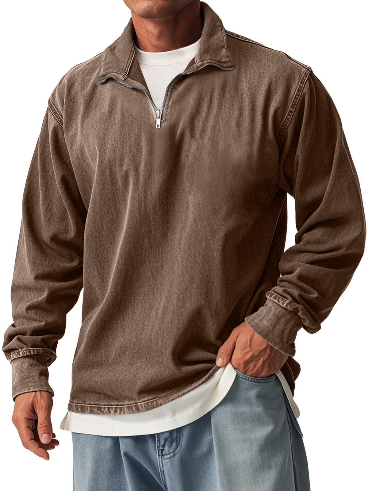 Men's Retro Casual Stand Collar Zipper Long Sleeve T-Shirt