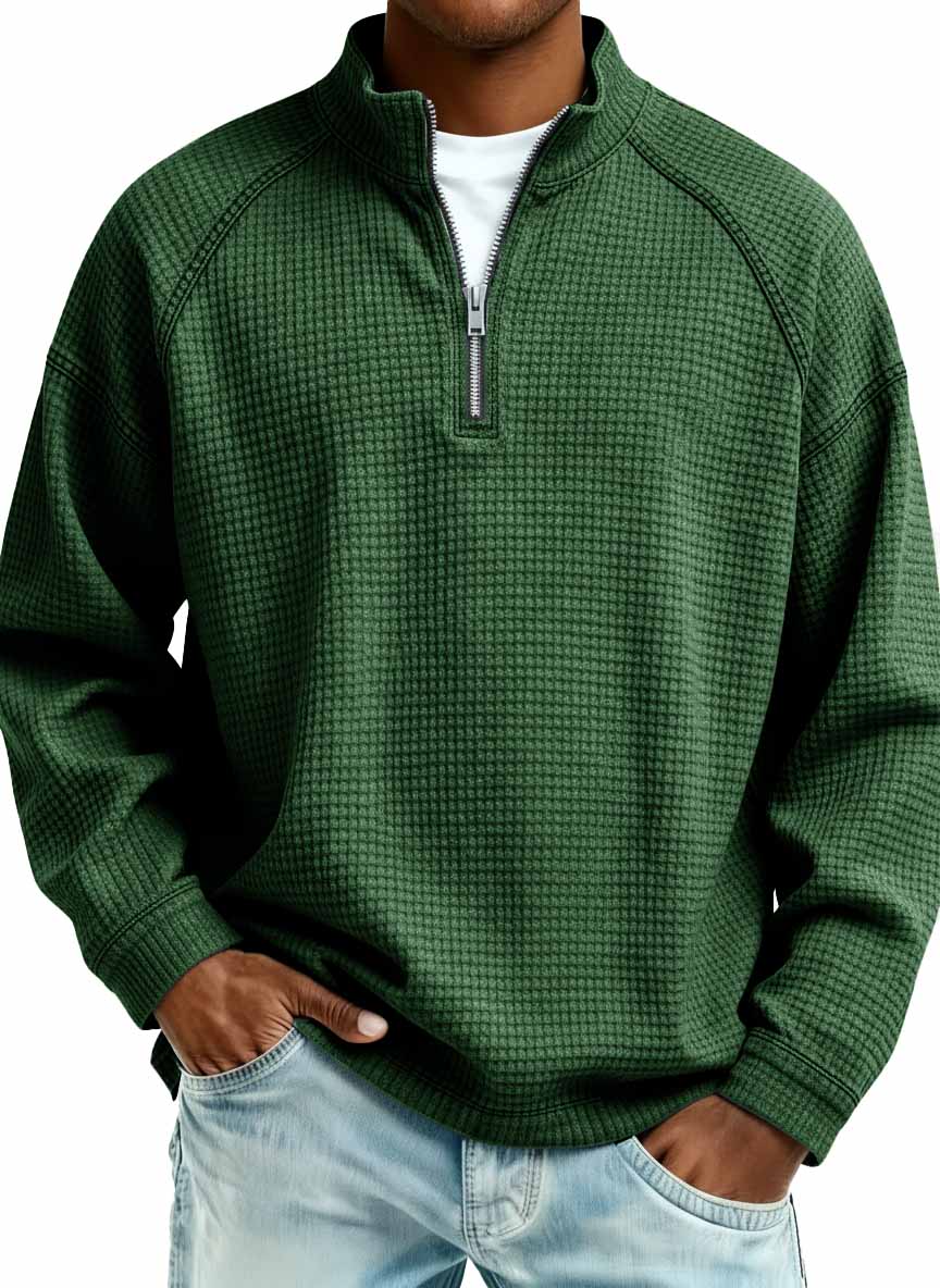 Men's Fashion Waffle Fabric Raglan Stand Collar Zipper Sweatshirt