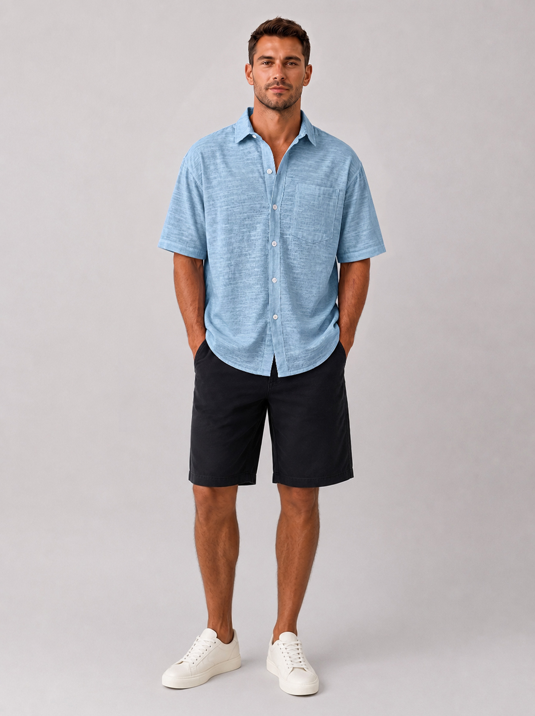 Men's Textured Casual Short-Sleeve Shirt with Collar and Pocket