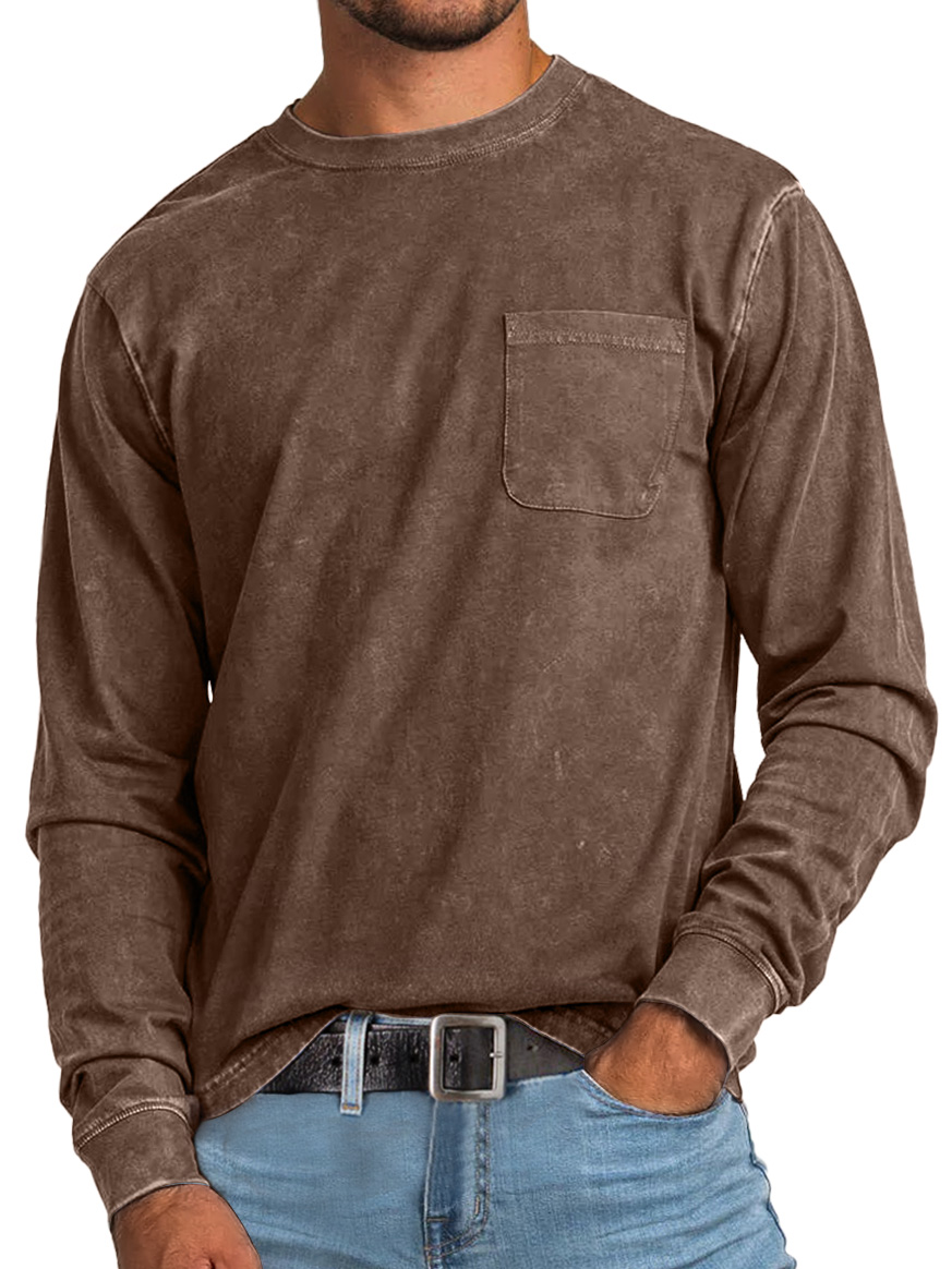 Men's Retro Casual Round Neck Pocket Solid Color Long Sleeve T-Shirt