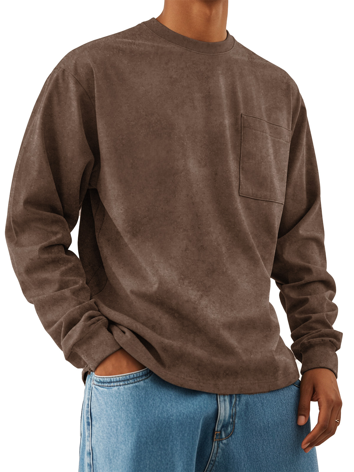 Men's Fashion Retro Casual Round Neck Pocket Long Sleeve T-shirt