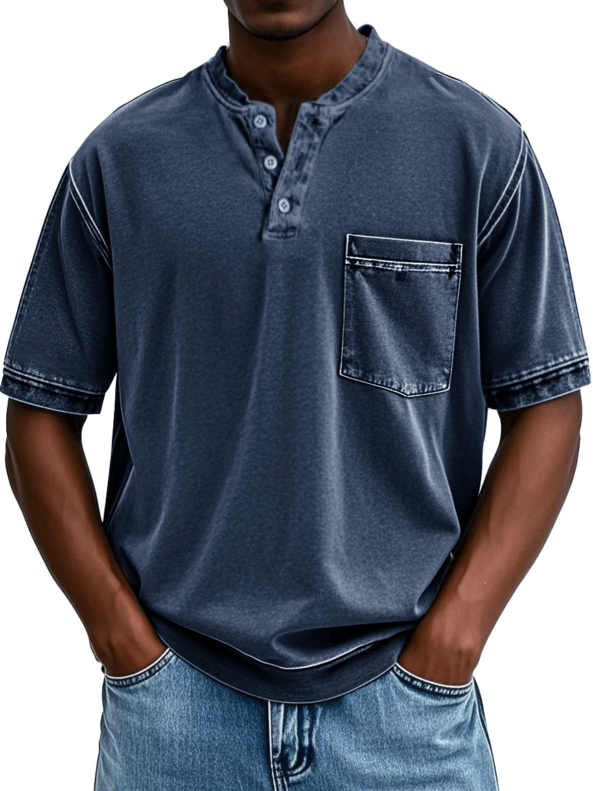 Men's Fashion Retro Round Neck Pocket Short Sleeve Henley Shirt
