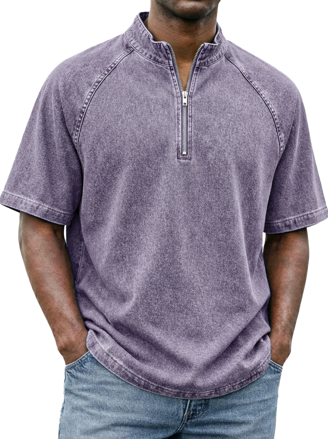 Men's Retro Raglan Sleeve Stand-collar Zip-up Casual Short-sleeved T-shirt