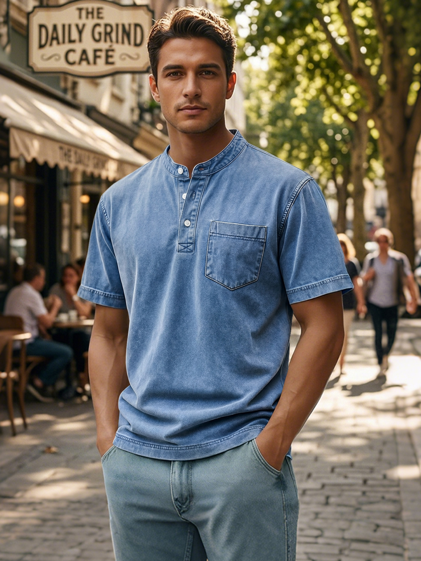 Men's Retro Casual Stand Collar Button-Down Short Sleeve Henley Shirt